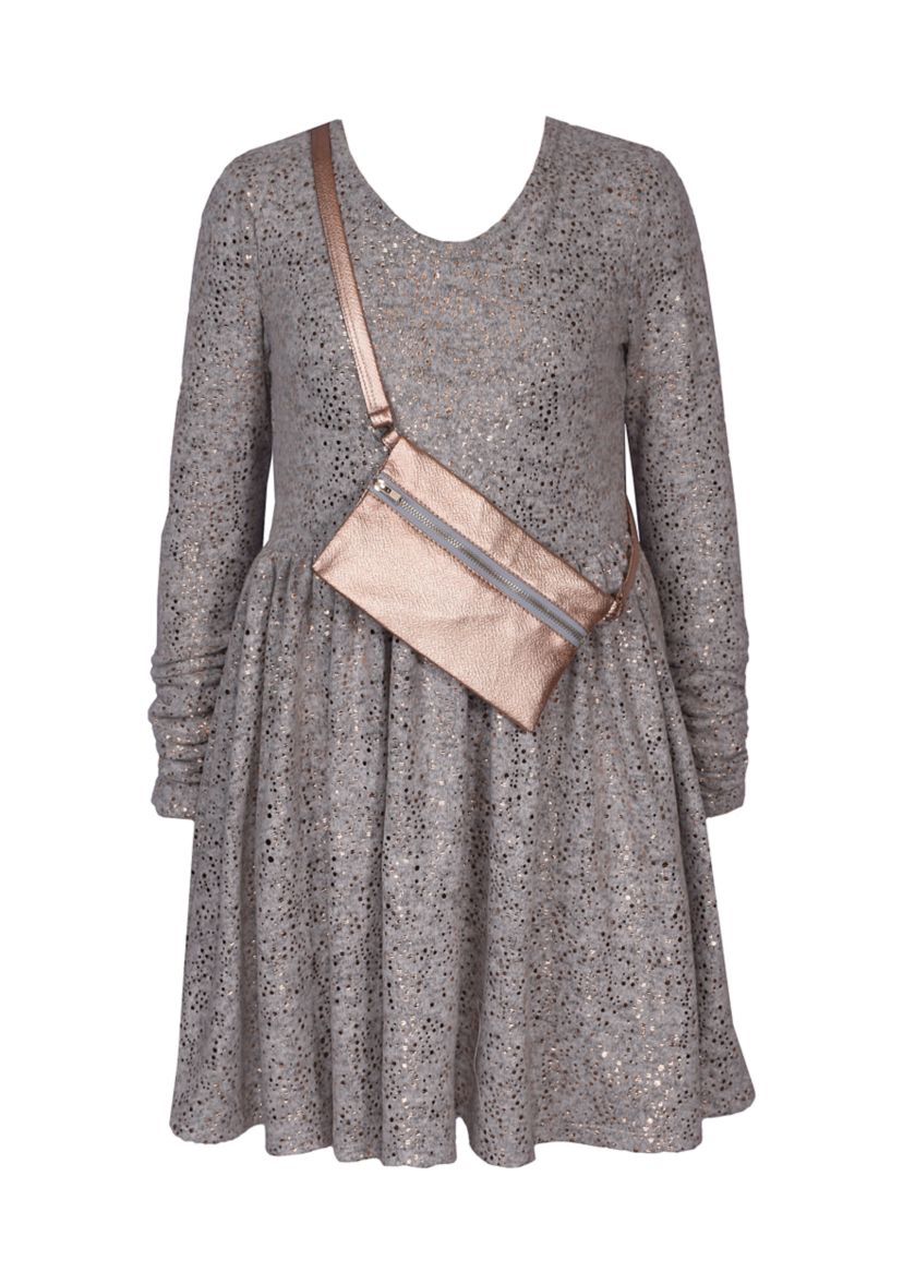Girls 7-16 Long Sleeve Foiled Hacci Dress with Bag 