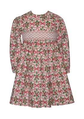 Girls 4-6x Long Sleeve Smocked Holly Bow Dress