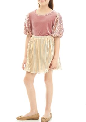 Bonnie Jean Girls 7-16 Short Sequin Puff Sleeve Top with Metallic Skirt, Gold, 14
