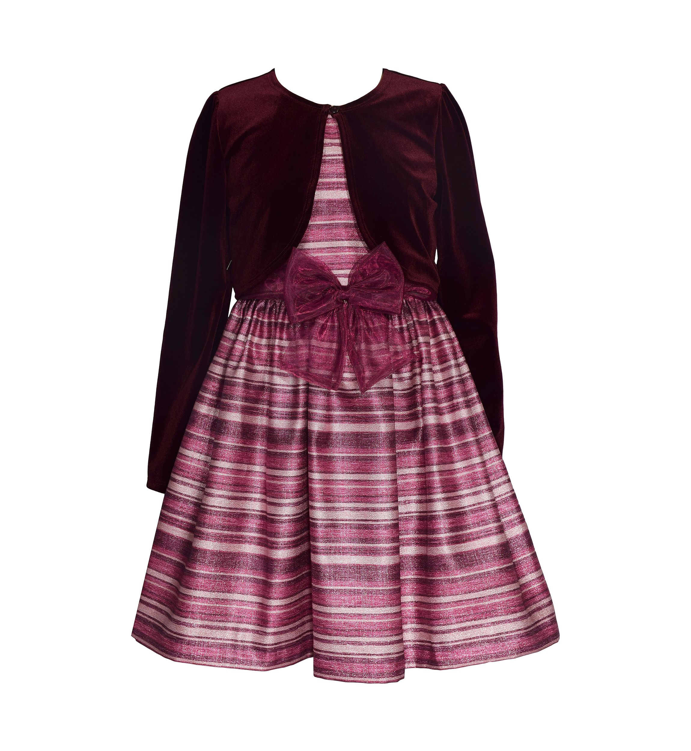 Girls 7-16 Velvet Cardigan over Striped Dress