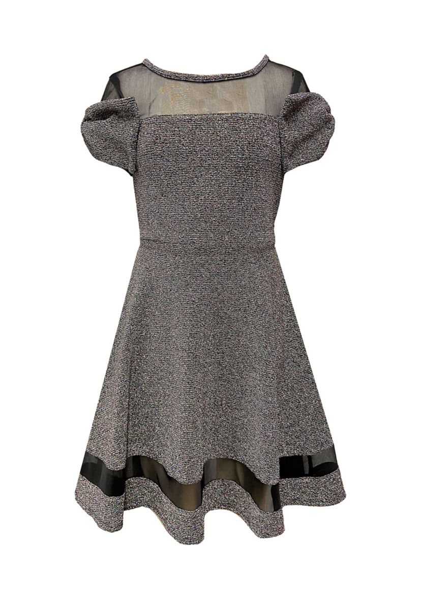 Girls 7-17 Metallic Knit Skater Dress with Bow Details