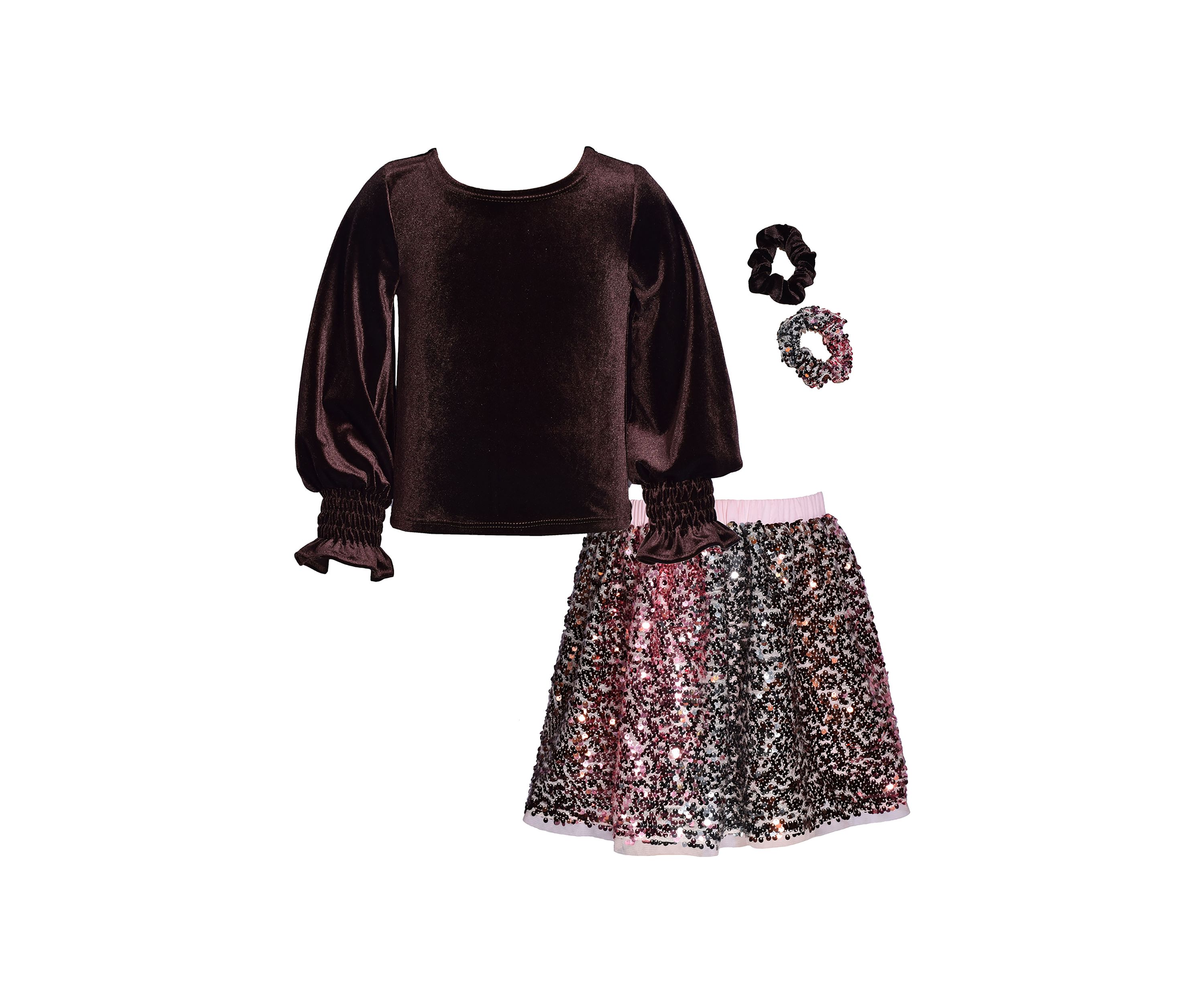 Girls 7-16 Velvet Top and Sequin Skirt with Scunchies