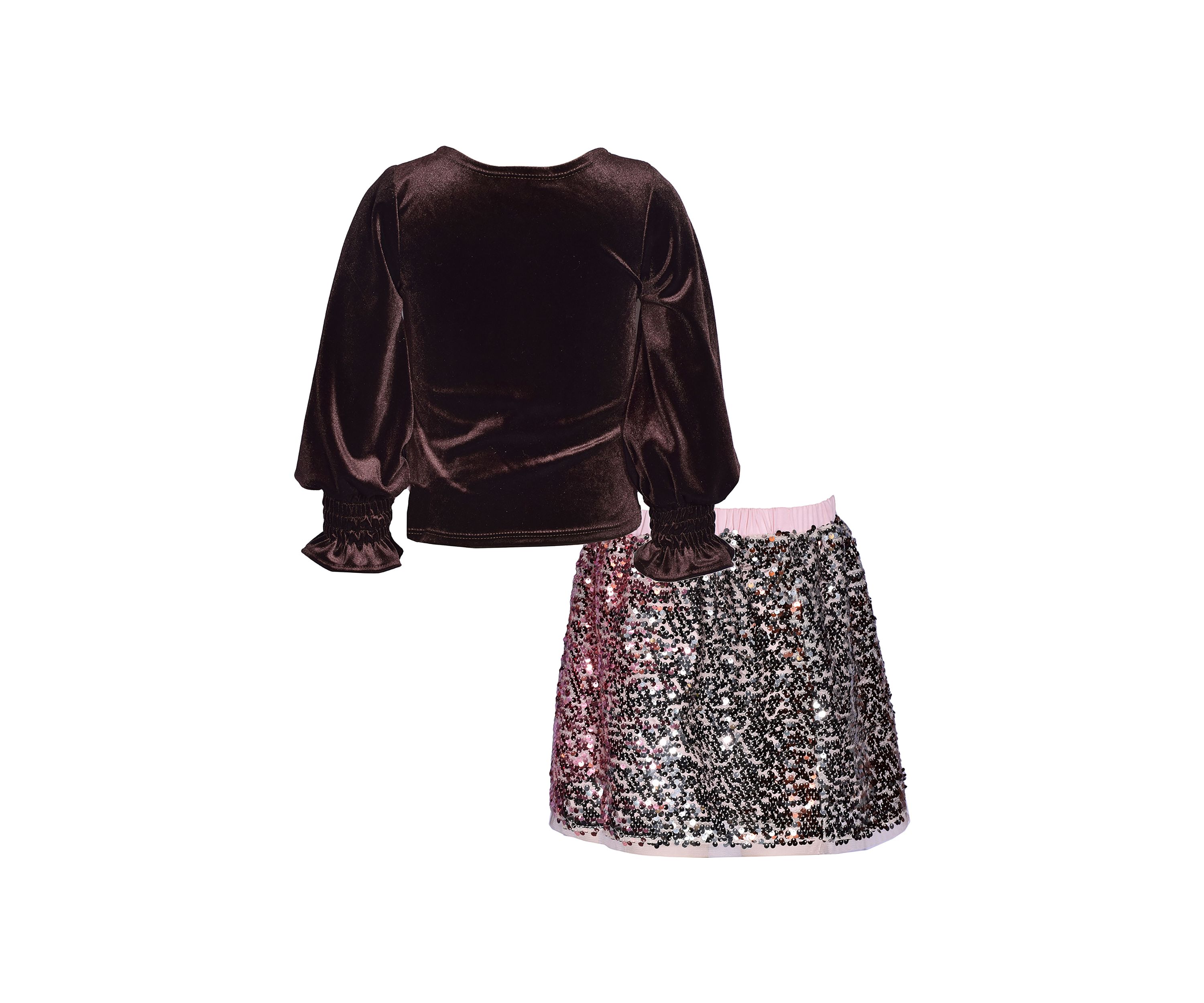 Girls 7-16 Velvet Top and Sequin Skirt with Scunchies