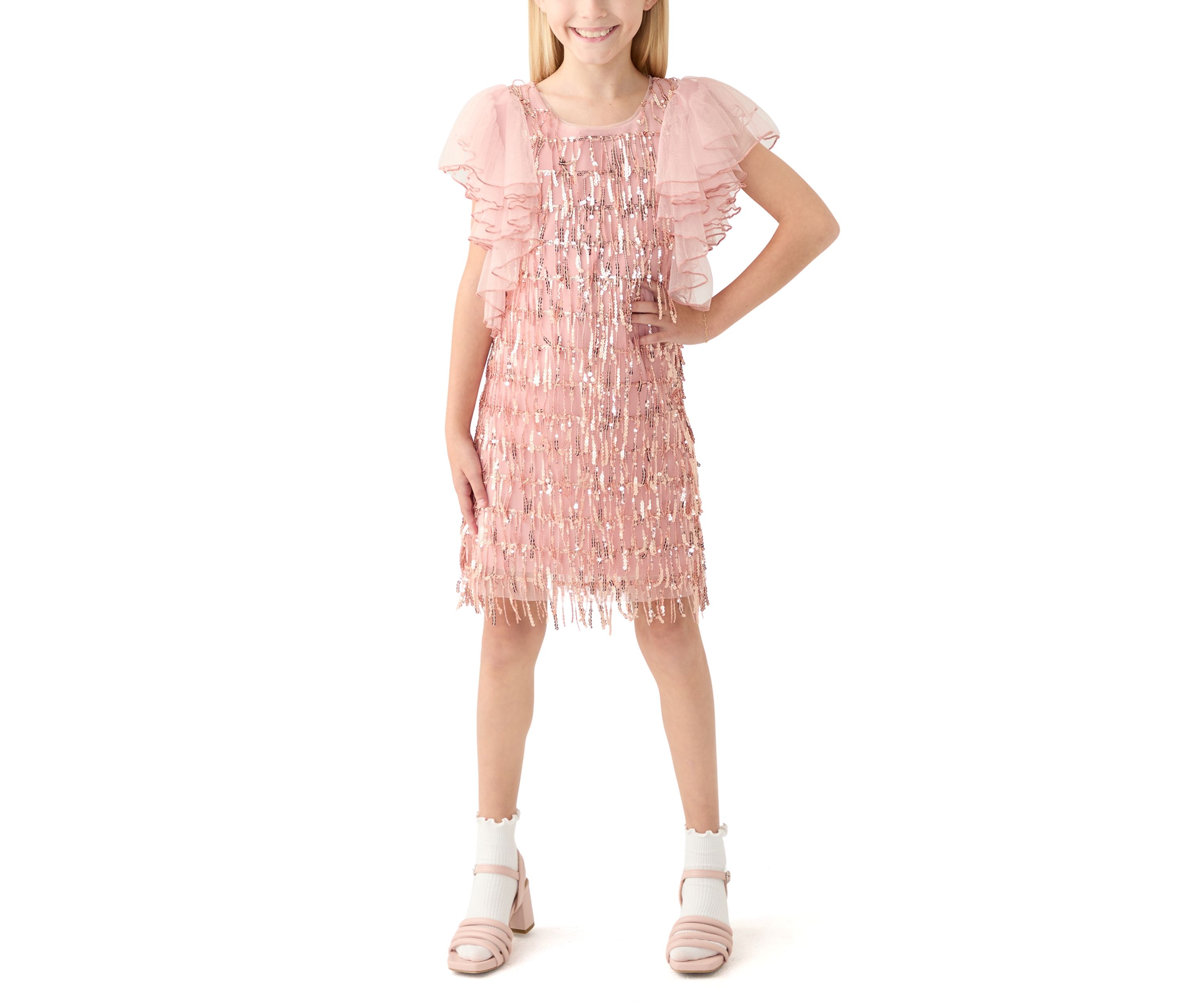 Girls 7-16 Ruffle Sleeve Sequin Dress