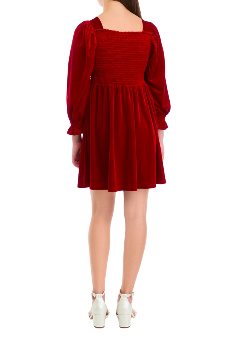 Girls 7-16 Long Sleeve Smocked Velvet Dress