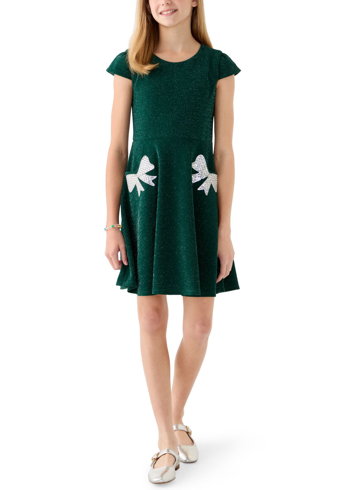 Girls 7-16 Green Sparkle Bow Skater Dress