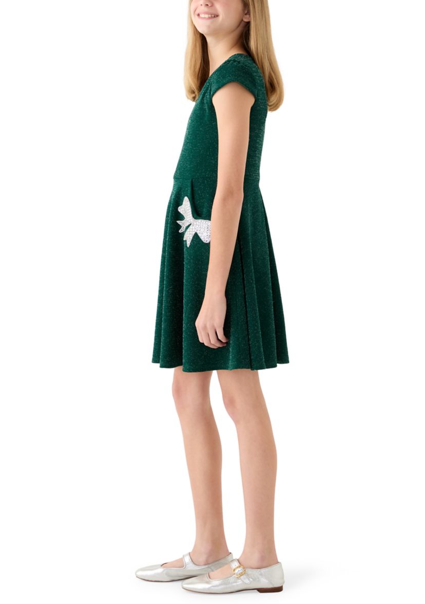 Girls 7-16 Green Sparkle Bow Skater Dress