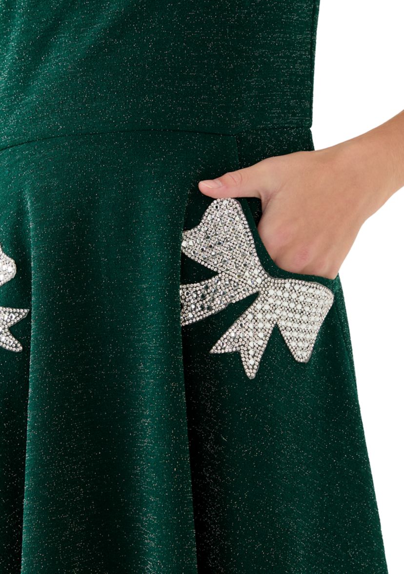Girls 7-16 Green Sparkle Bow Skater Dress