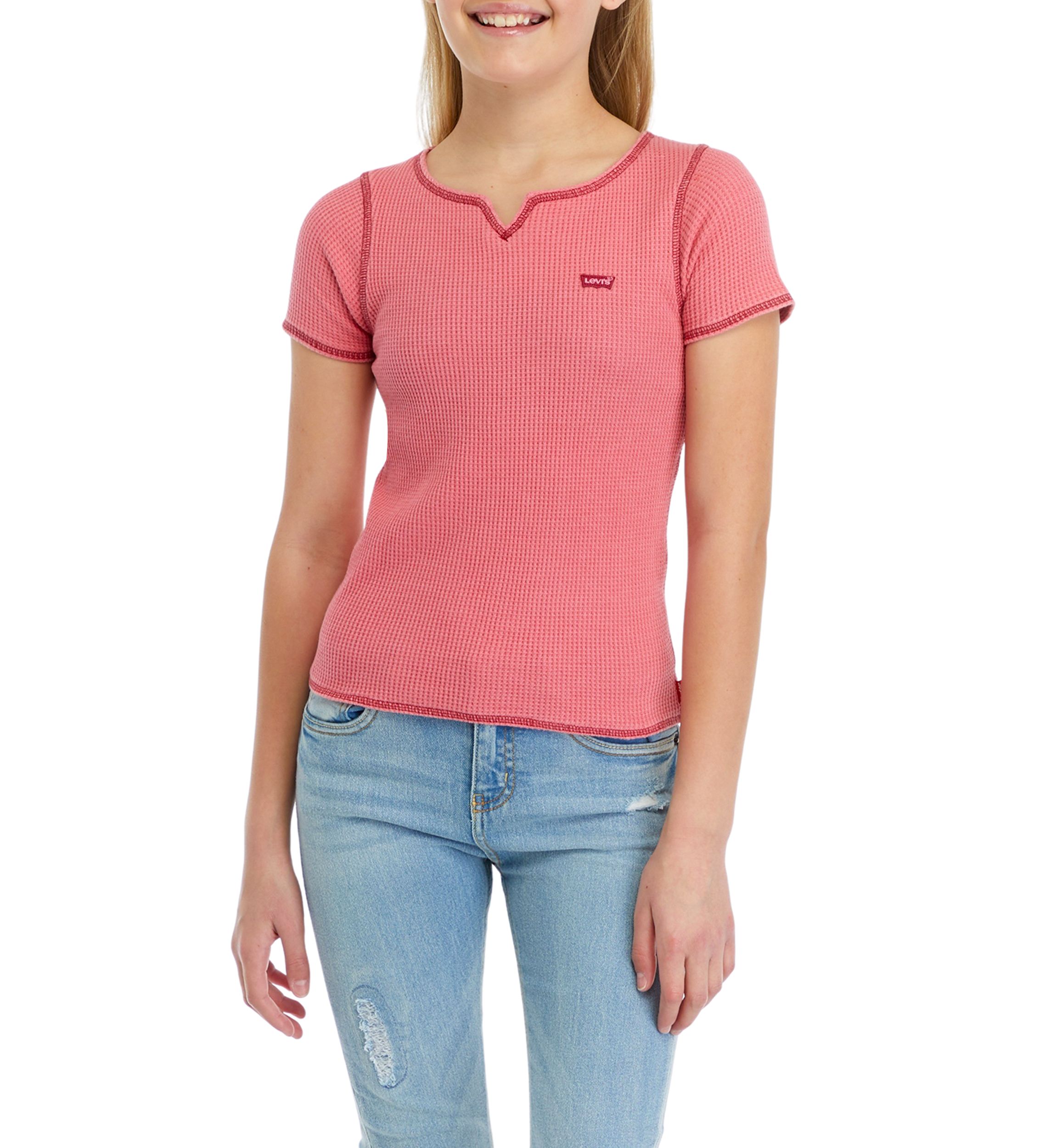 Girls 7-16 Waffle Split Neck Top