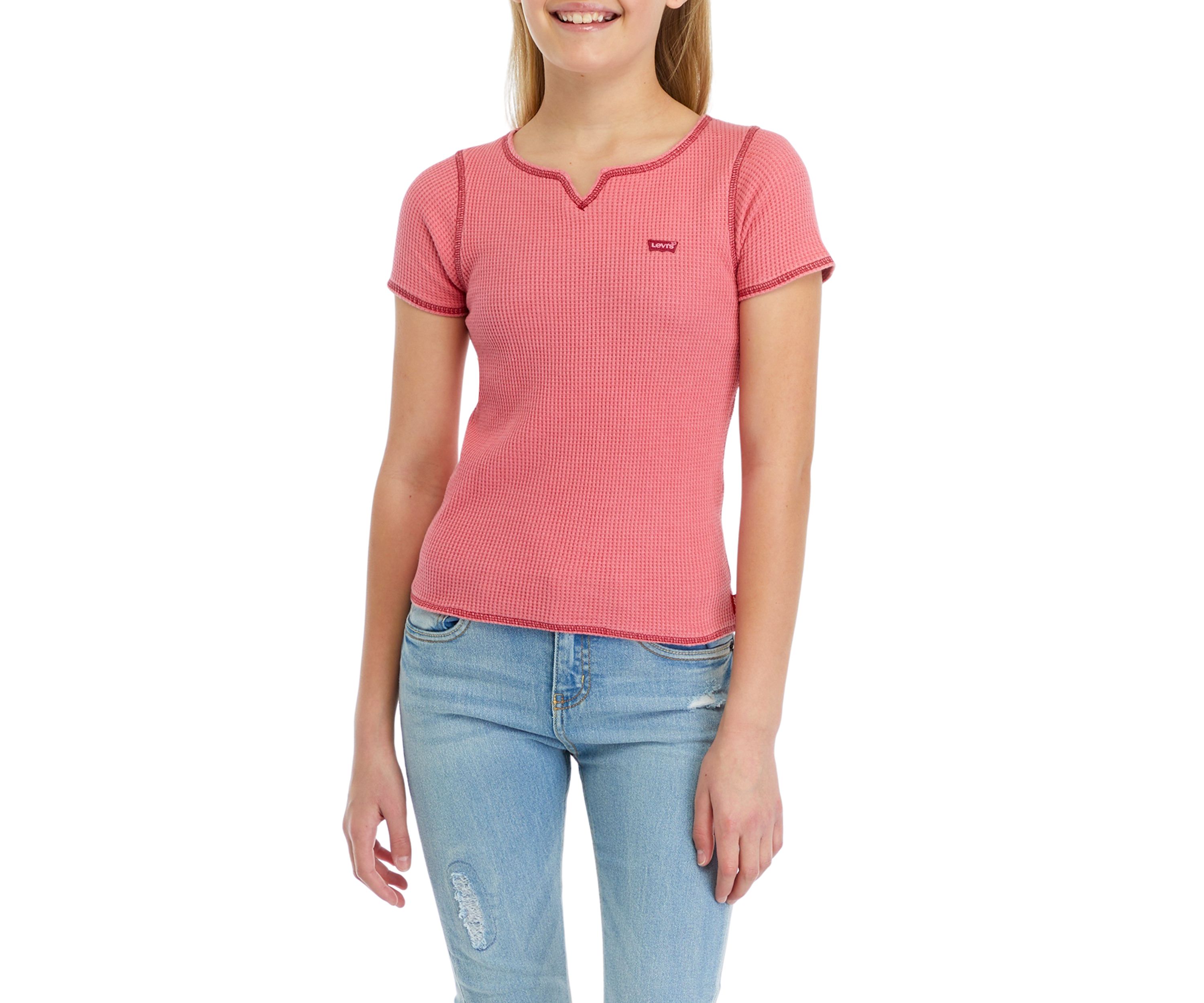 Girls 7-16 Waffle Split Neck Top