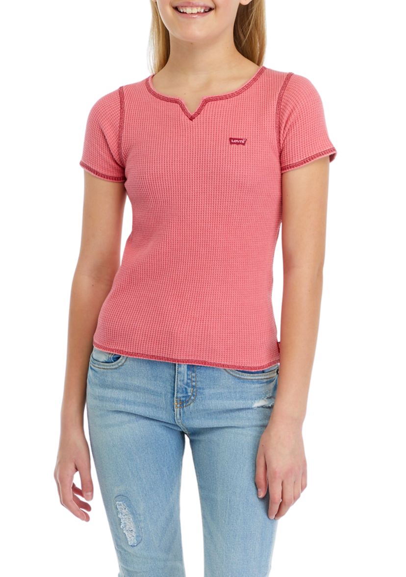 Girls 7-16 Waffle Split Neck Top
