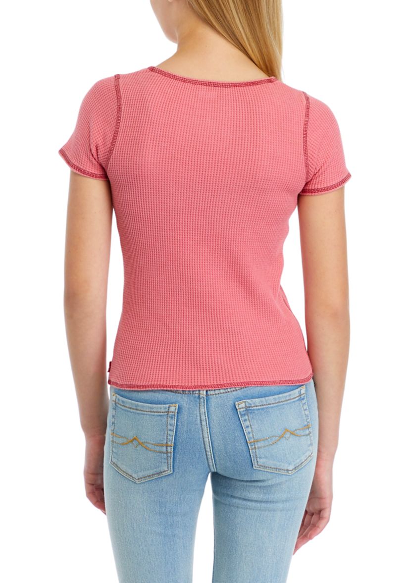 Girls 7-16 Waffle Split Neck Top