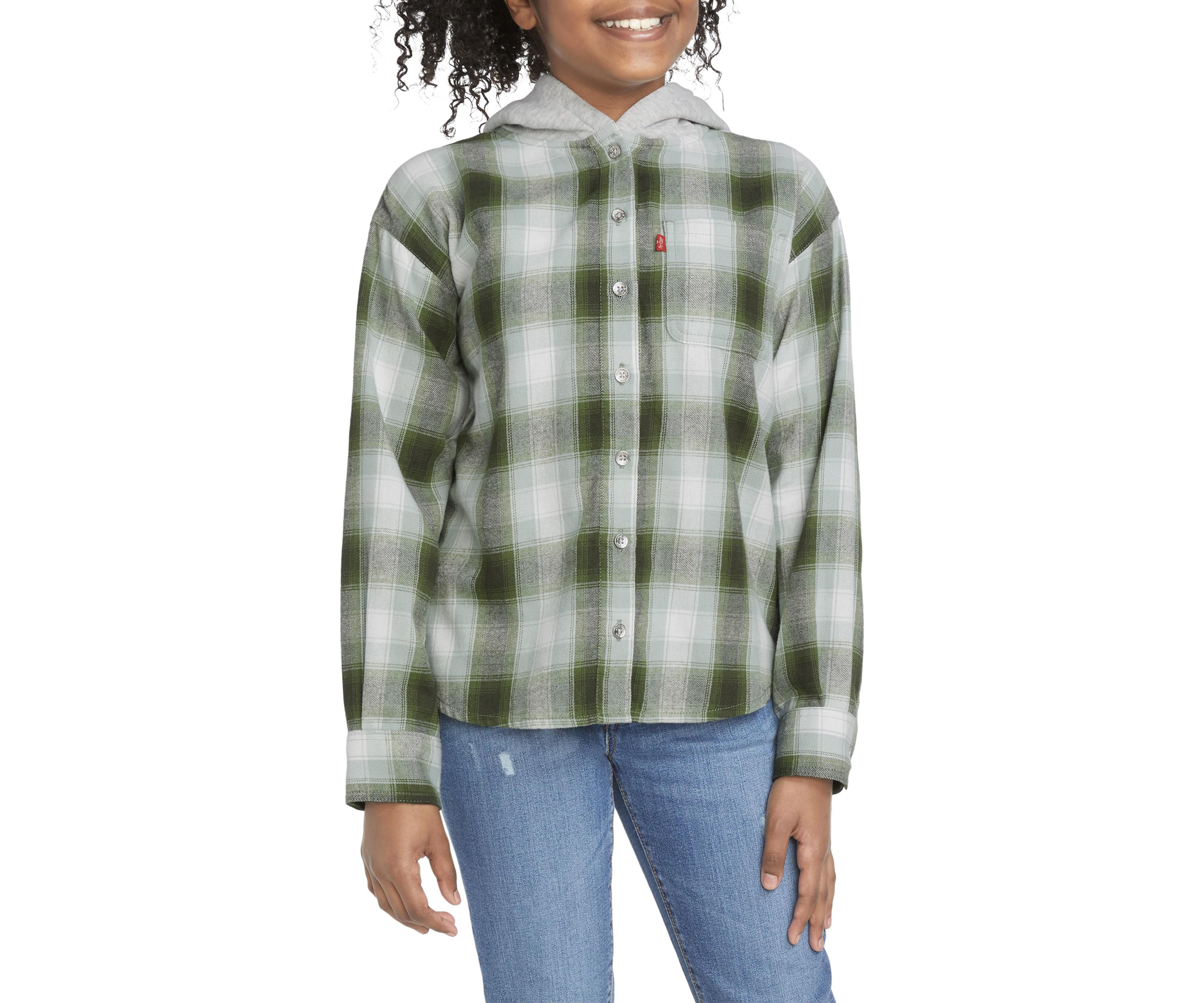 Girls 7-16 Plaid Woven Shirt with Hood