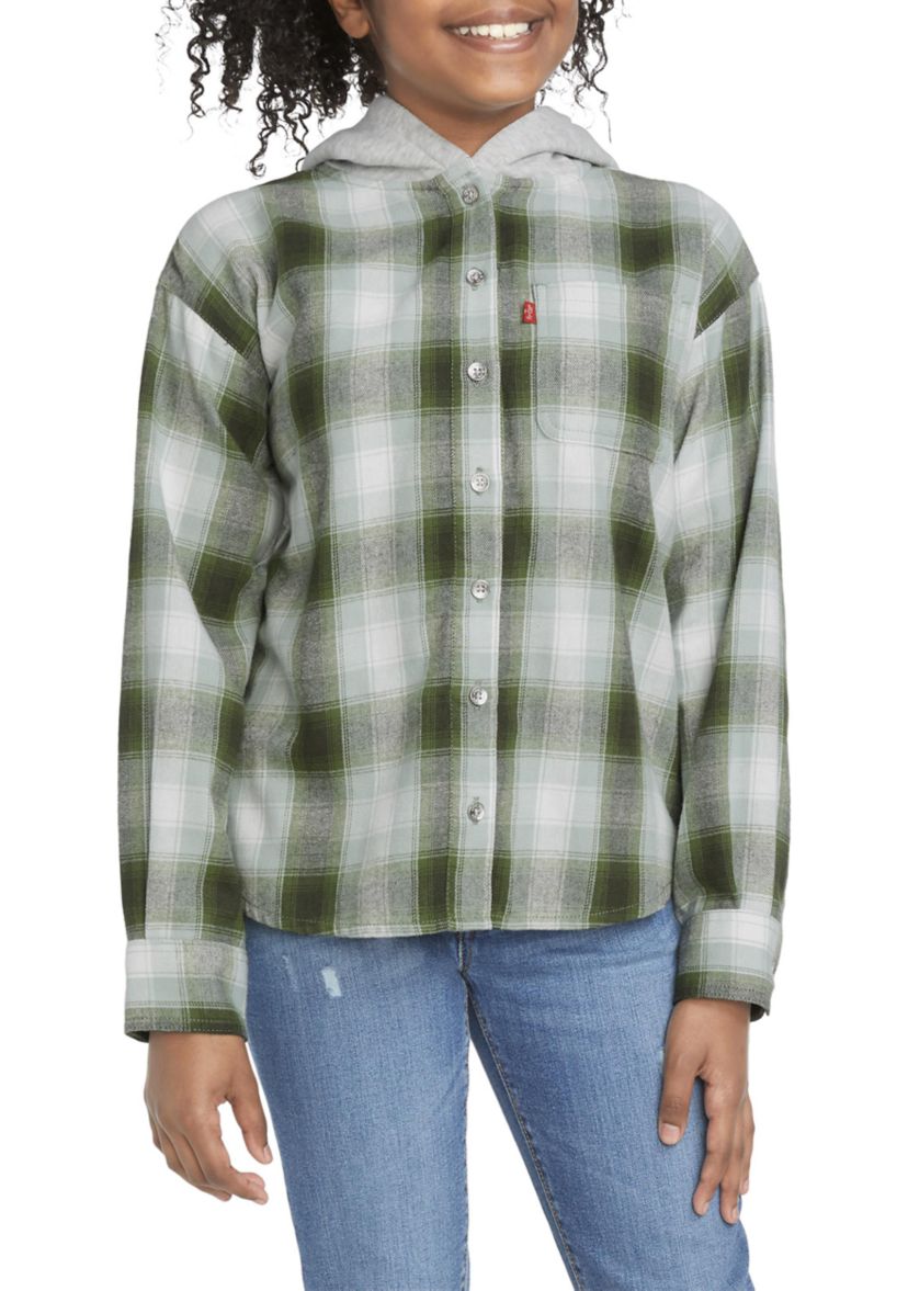 Girls 7-16 Plaid Woven Shirt with Hood