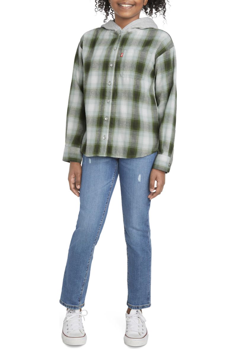 Girls 7-16 Plaid Woven Shirt with Hood