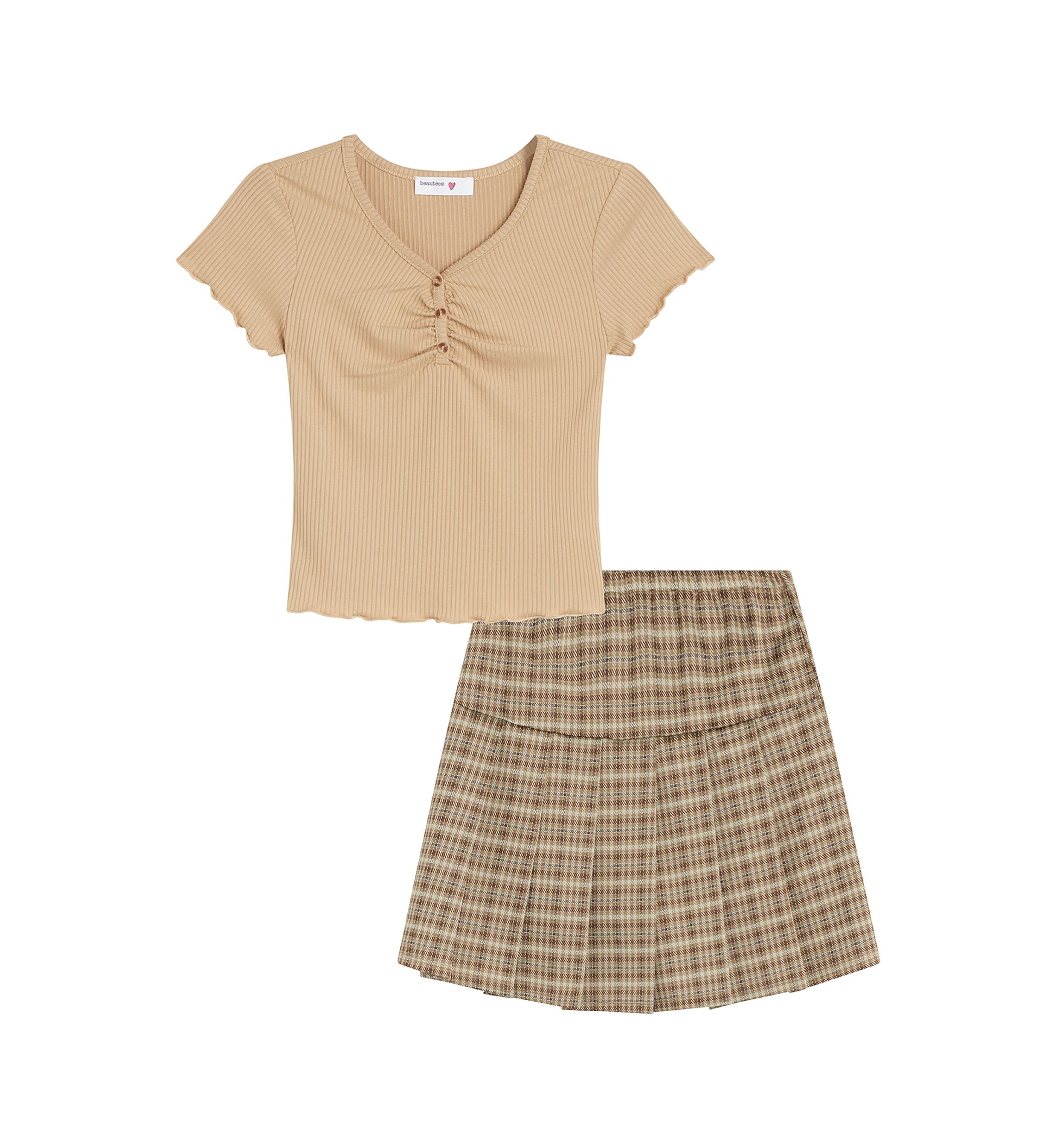Girls 7-16 Cinch Button Top and Plaid Skirt Set