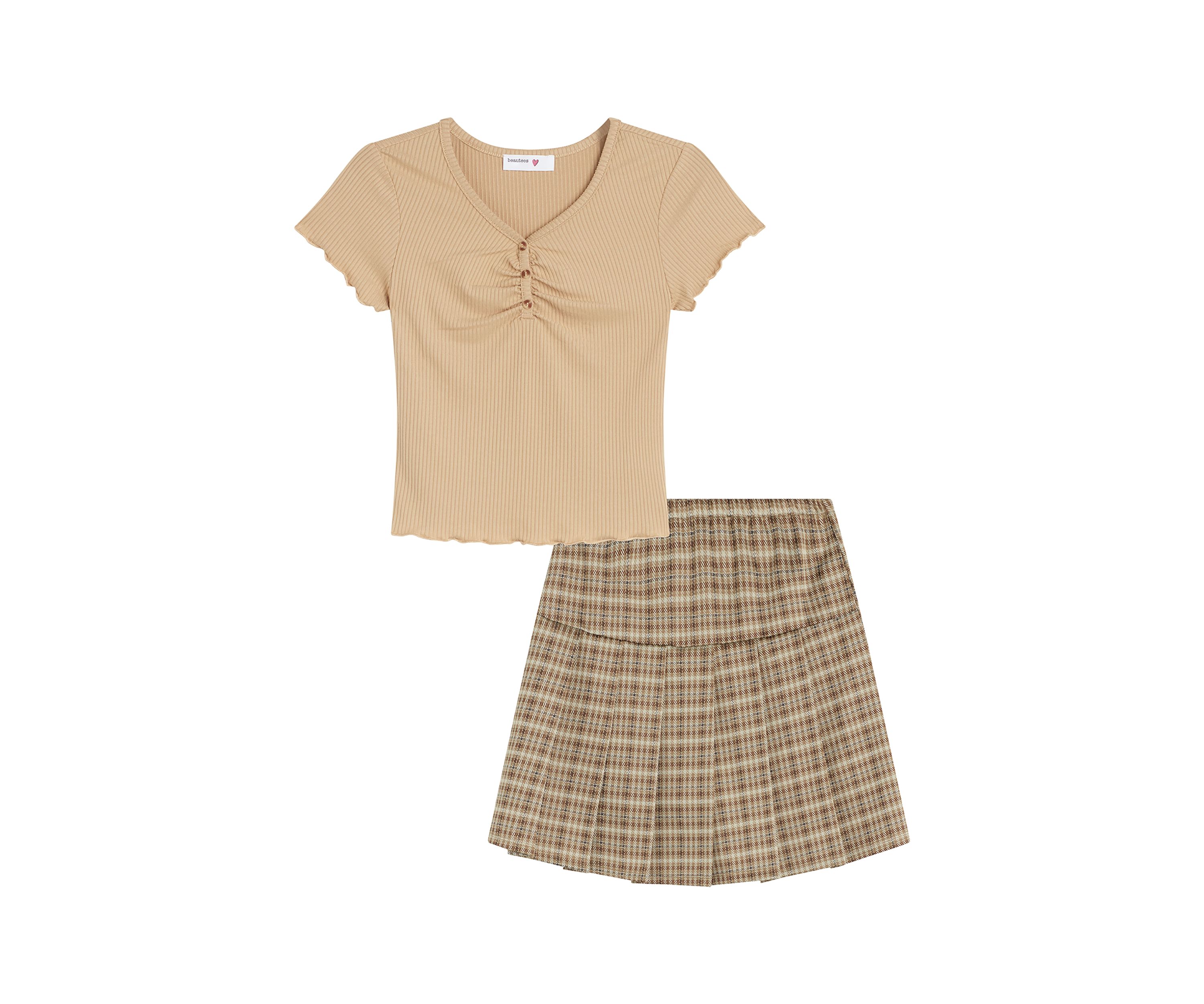 Girls 7-16 Cinch Button Top and Plaid Skirt Set
