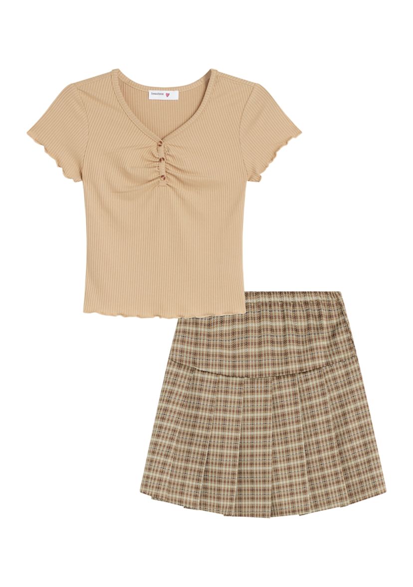Girls 7-16 Cinch Button Top and Plaid Skirt Set