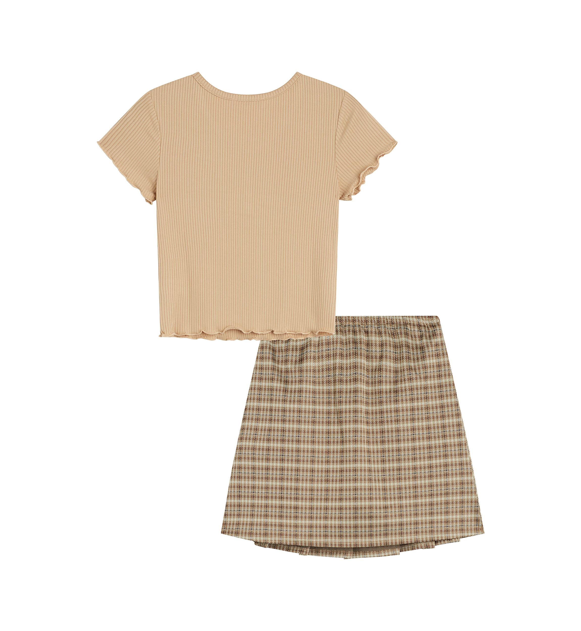 Girls 7-16 Cinch Button Top and Plaid Skirt Set