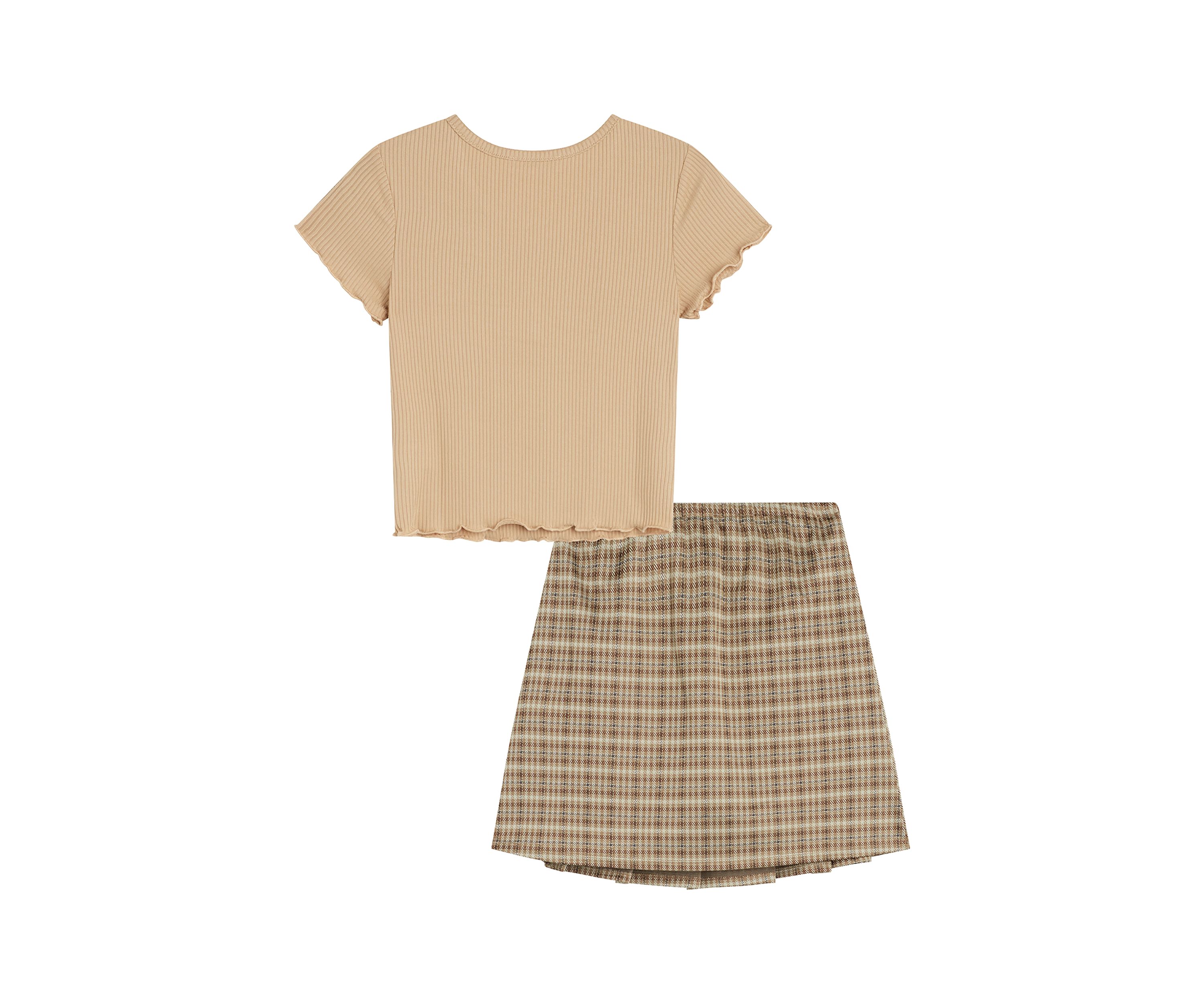 Girls 7-16 Cinch Button Top and Plaid Skirt Set