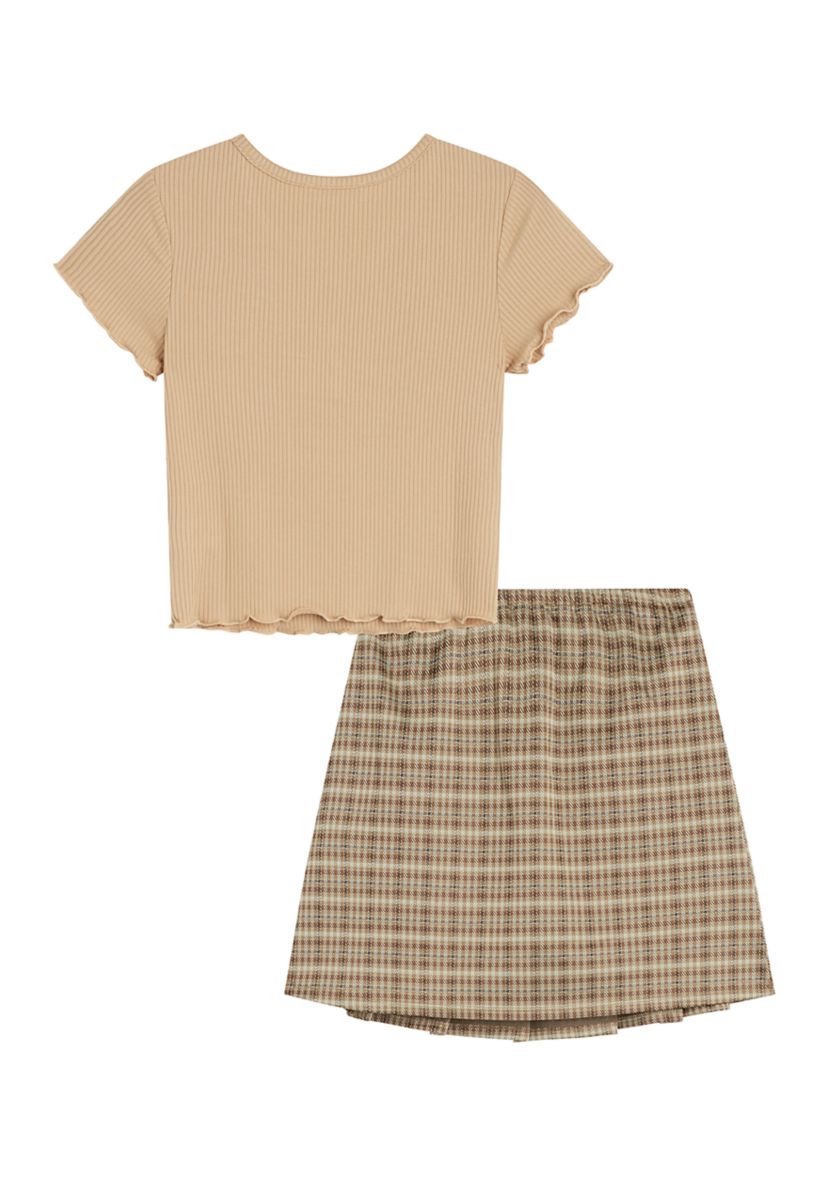 Girls 7-16 Cinch Button Top and Plaid Skirt Set