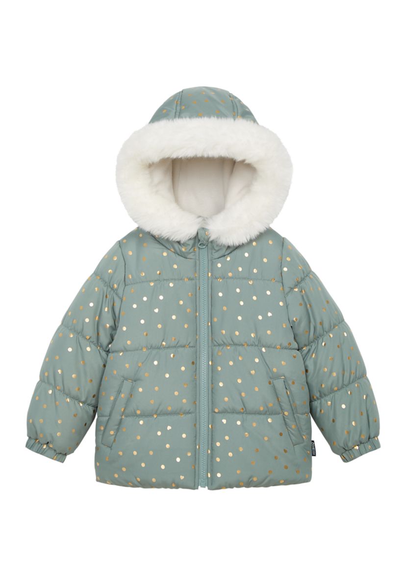 Girls 4-6 Foil Printed Puffer with Fur Coat