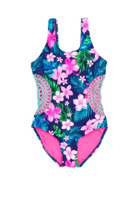 Breaking Waves Girls 7 16 Hawaiian Time Swim One Piece Belk 0855