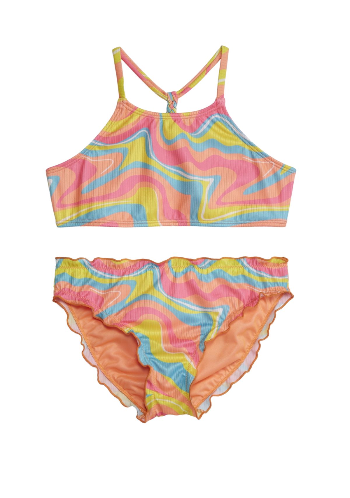 Girls 7-16 Halter Swim Top with Braid Back Detail and Lettuce Edge Swim Bottoms