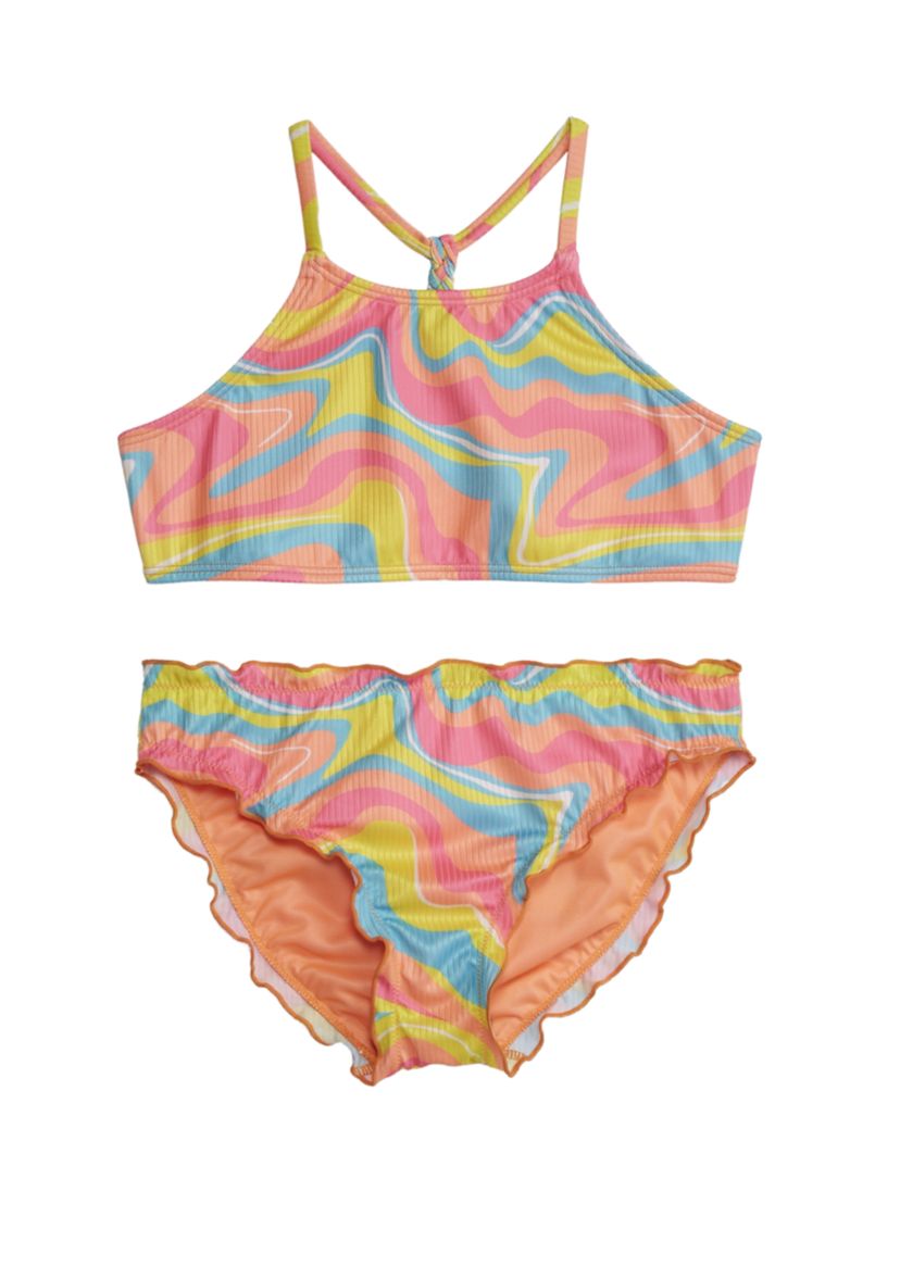 Girls 7-16 Halter Swim Top with Braid Back Detail and Lettuce Edge Swim Bottoms