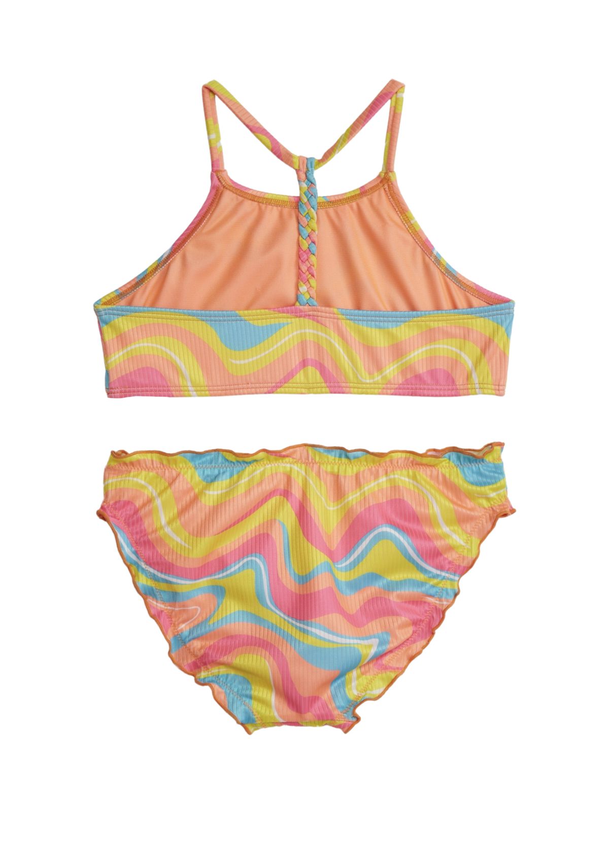 Girls 7-16 Halter Swim Top with Braid Back Detail and Lettuce Edge Swim Bottoms