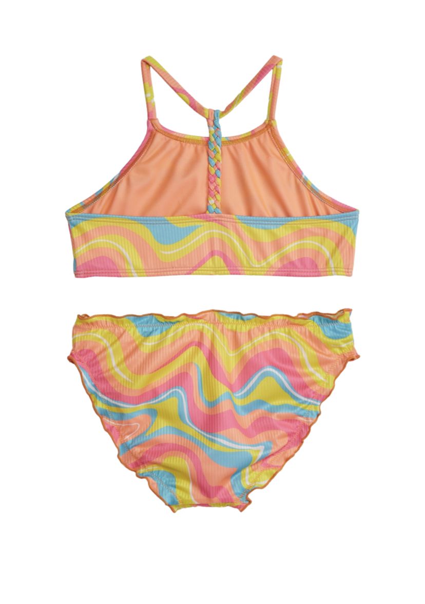 Girls 7-16 Halter Swim Top with Braid Back Detail and Lettuce Edge Swim Bottoms