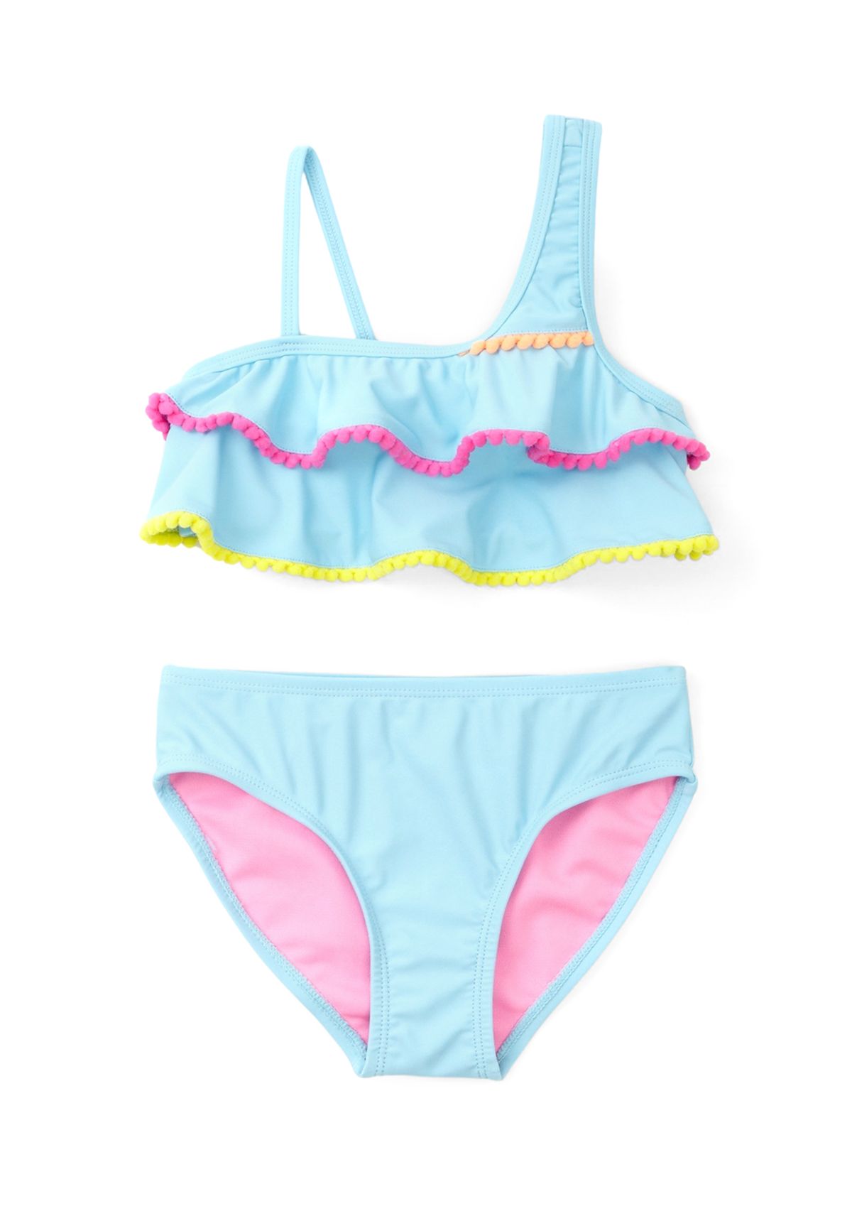 Girls 4-6x 2 Piece Ruffle Pom Pom Swimsuit 