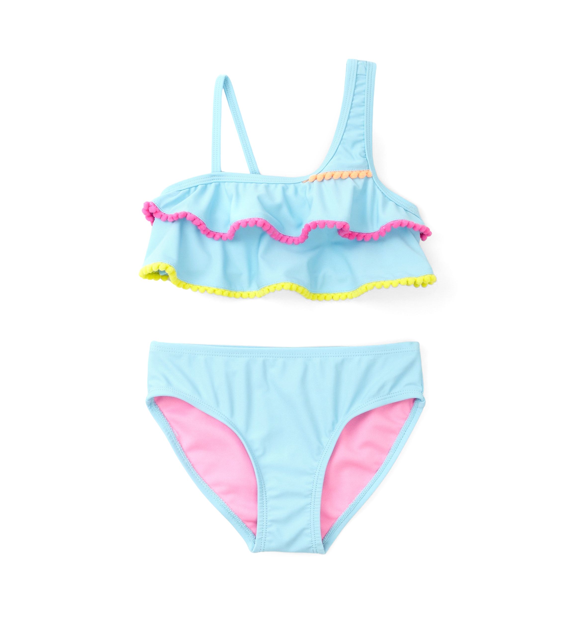 Girls 4-6x 2 Piece Ruffle Pom Pom Swimsuit 