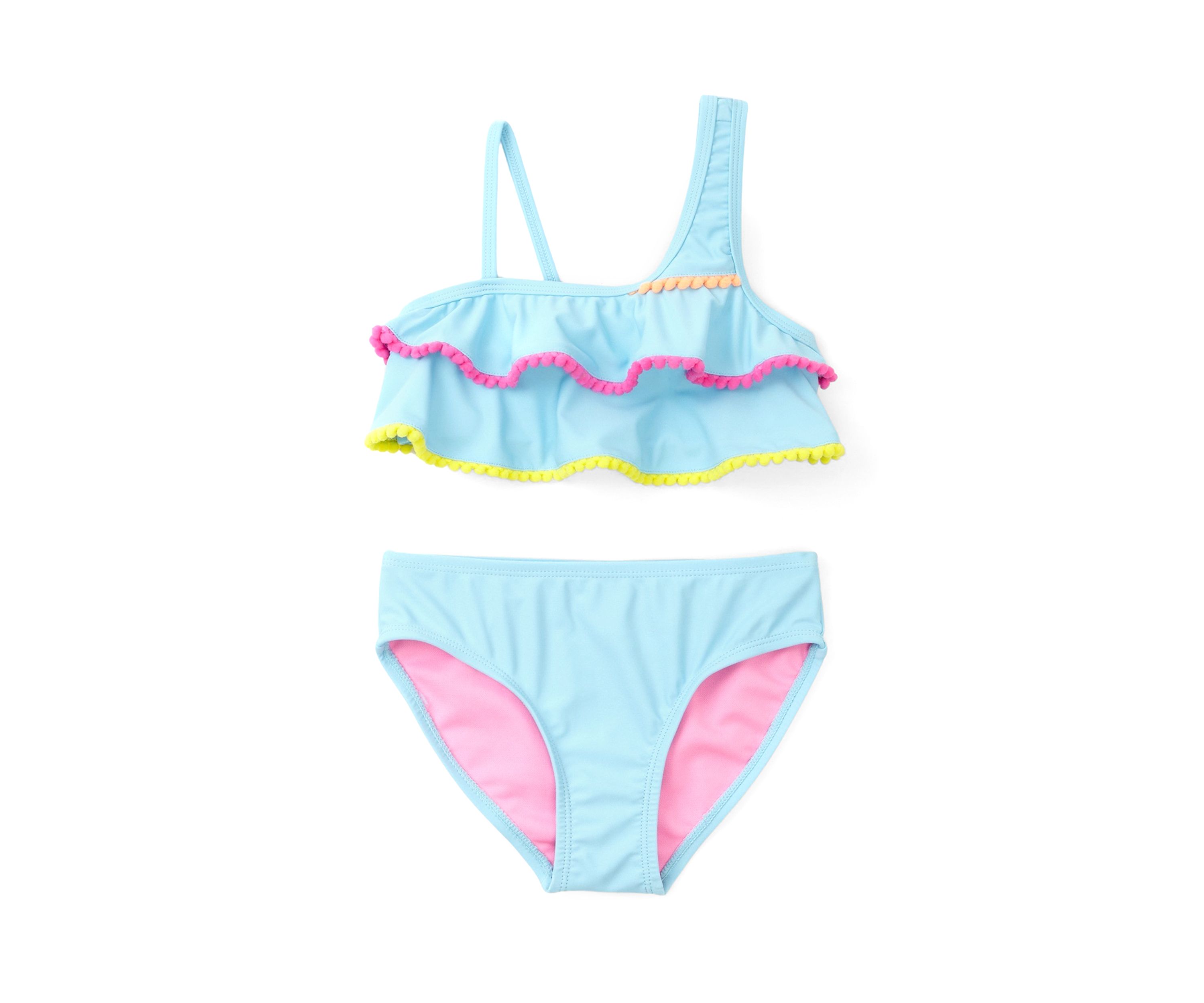 Girls 4-6x 2 Piece Ruffle Pom Pom Swimsuit 