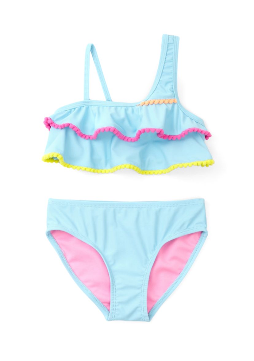 Girls 4-6x 2 Piece Ruffle Pom Pom Swimsuit 