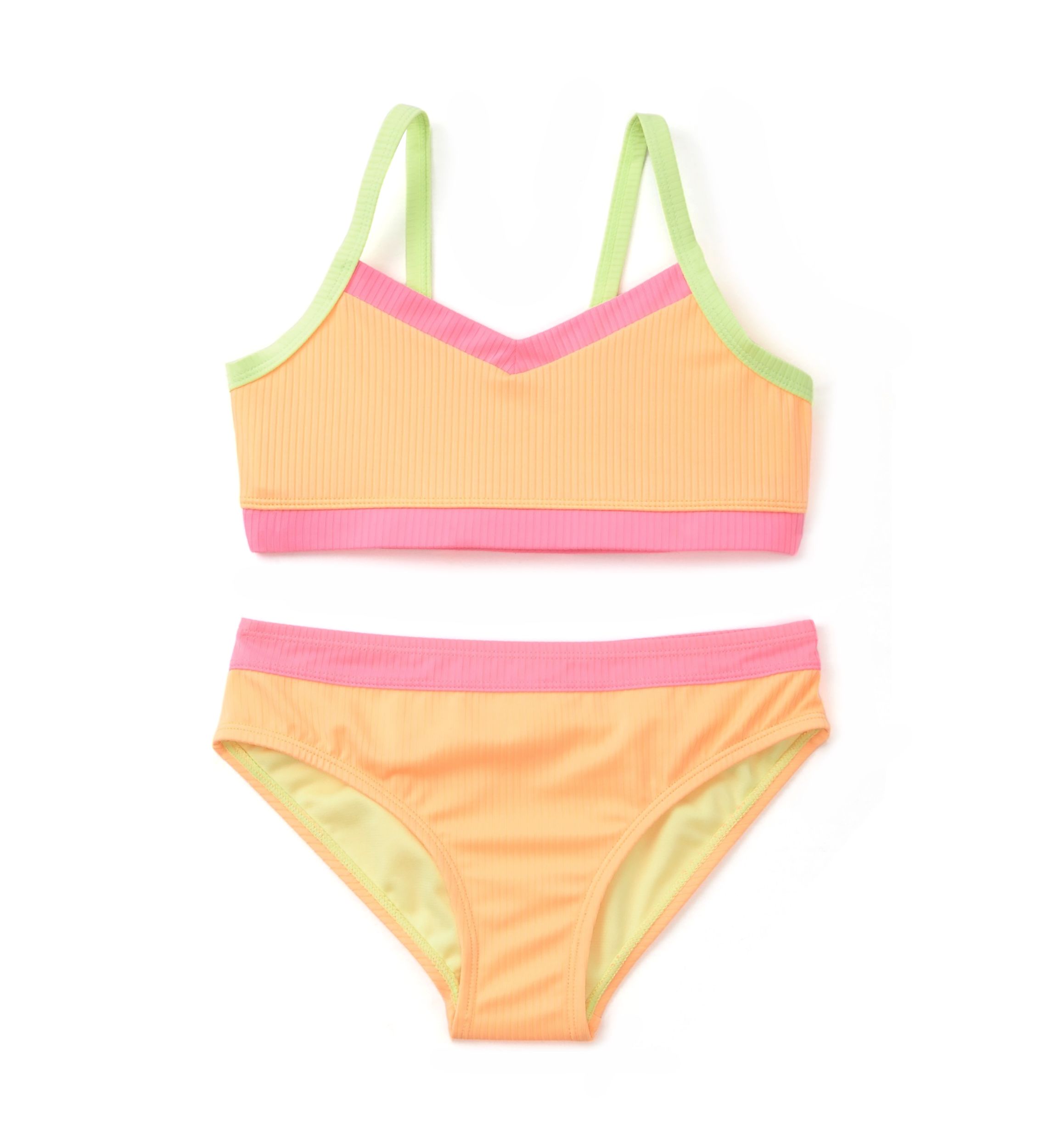 Girls 7-16 Color Blocked Ribbed Knit Two Piece Swimsuit