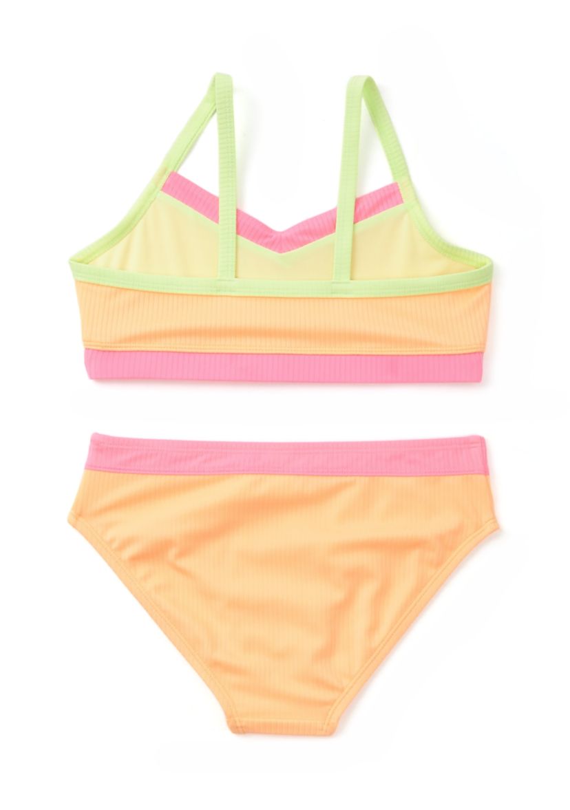 Girls 7-16 Color Blocked Ribbed Knit Two Piece Swimsuit