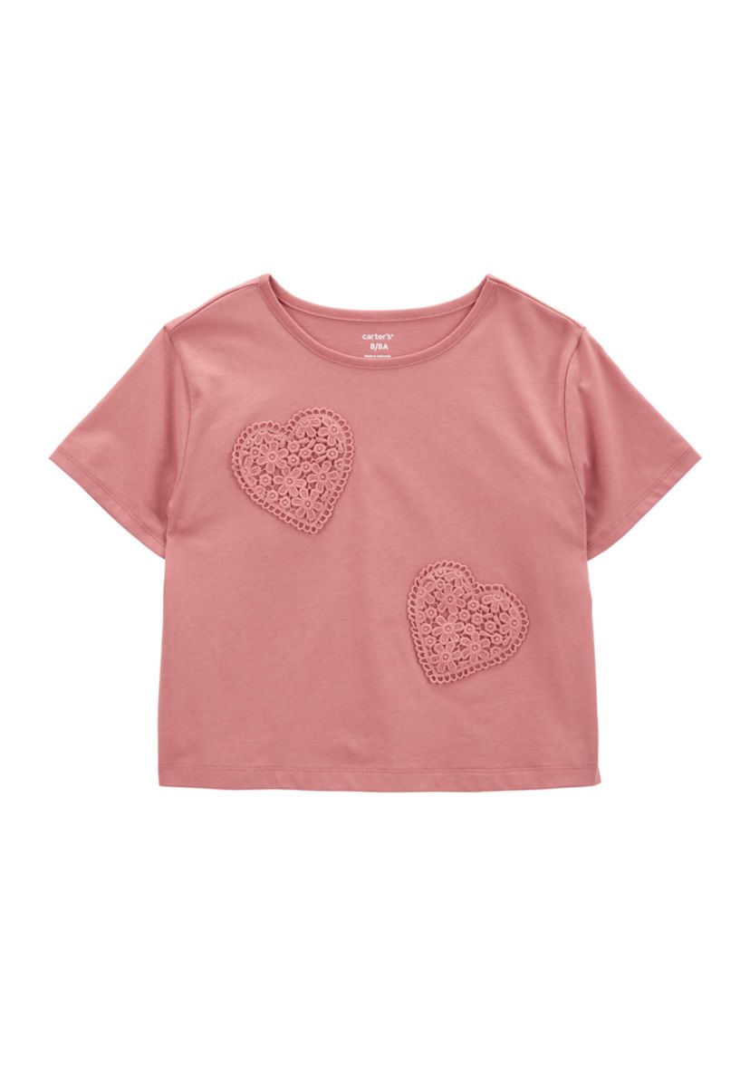 Girls 4-6x Short Sleeve Heart Embroidered Top