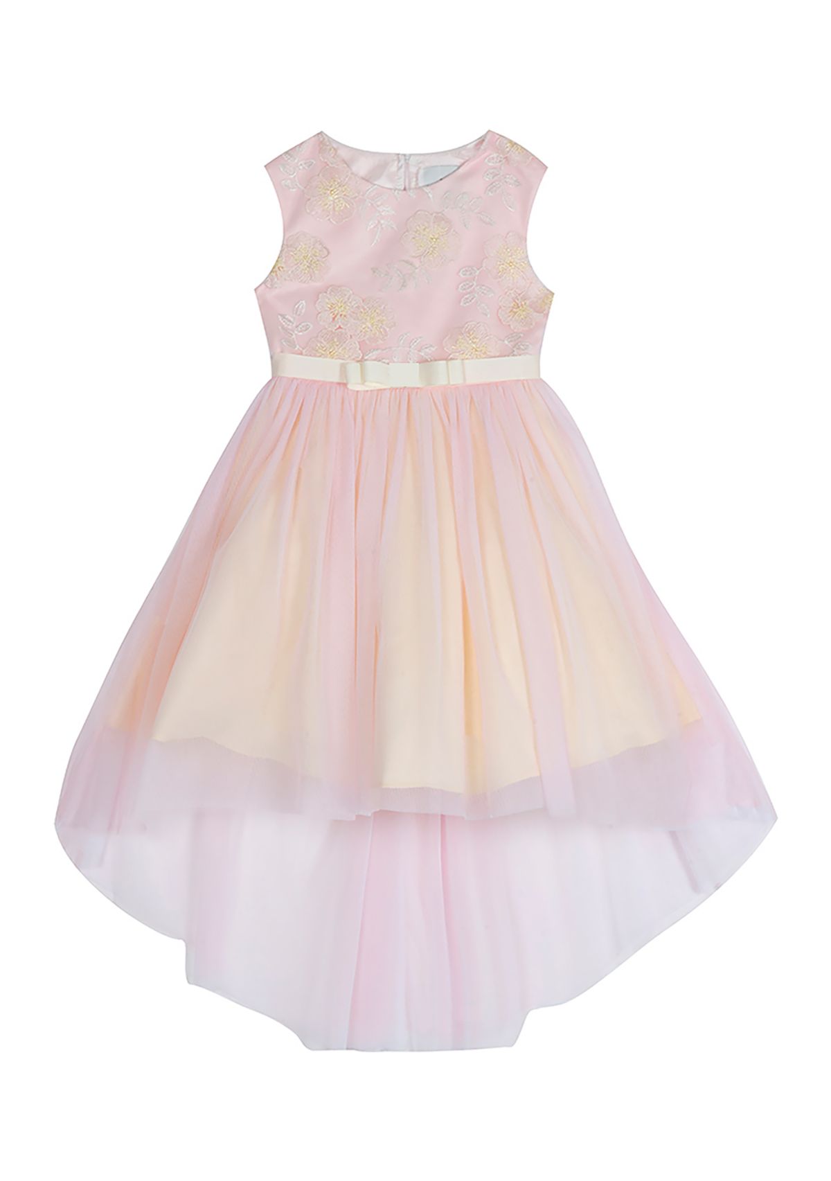 Girls 4-6x Lurex Embroidered Mesh Hi Low Dress with Ribbon Waist Detail
