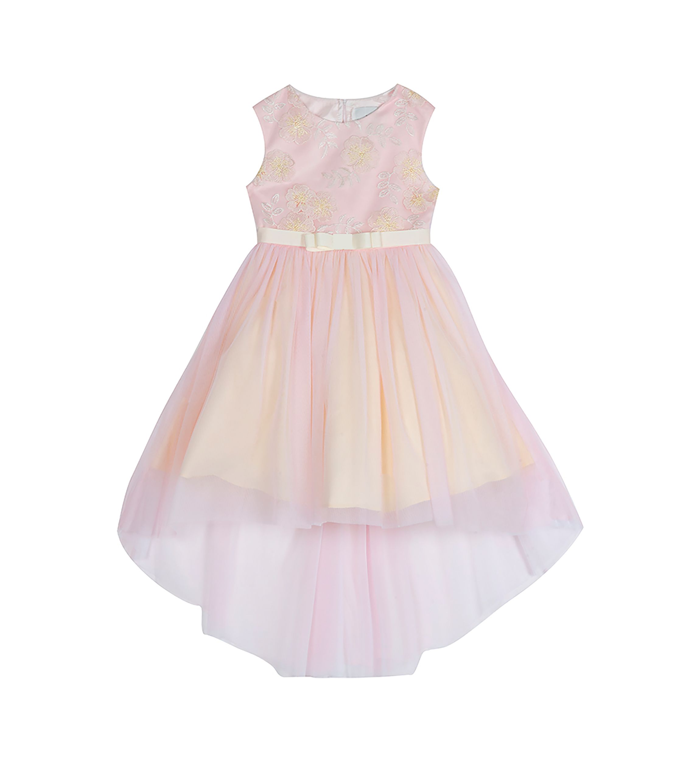 Girls 4-6x Lurex Embroidered Mesh Hi Low Dress with Ribbon Waist Detail