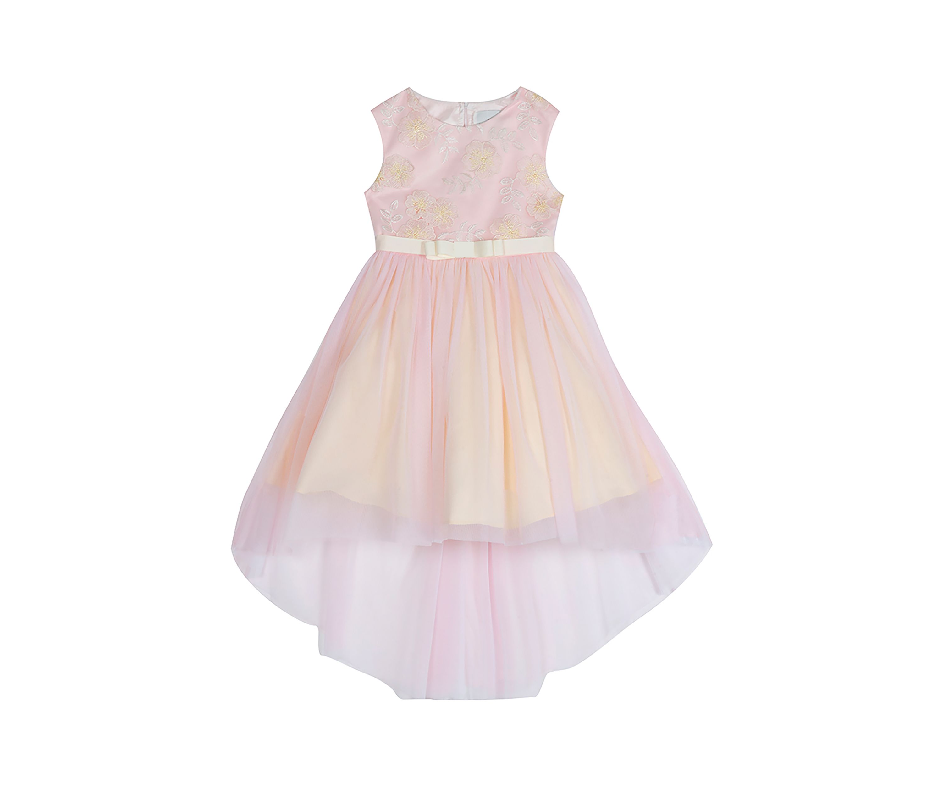 Girls 4-6x Lurex Embroidered Mesh Hi Low Dress with Ribbon Waist Detail