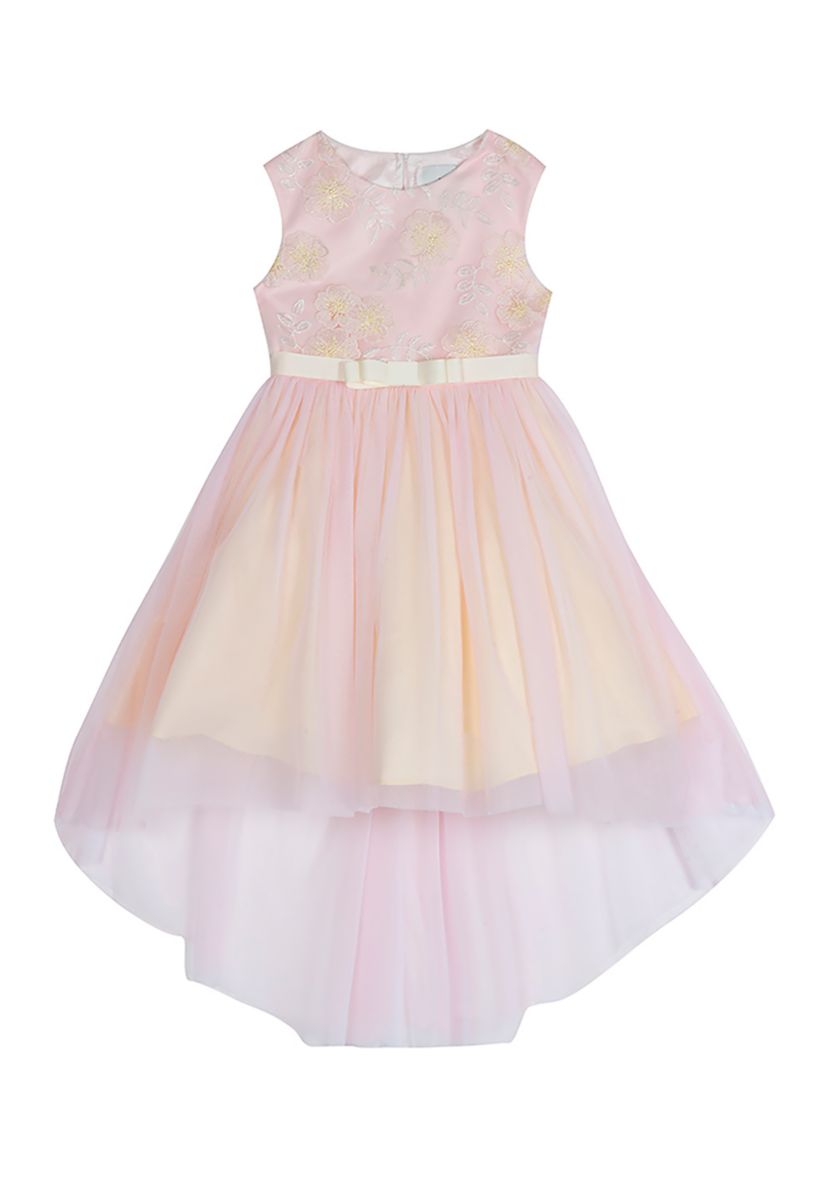 Girls 4-6x Lurex Embroidered Mesh Hi Low Dress with Ribbon Waist Detail