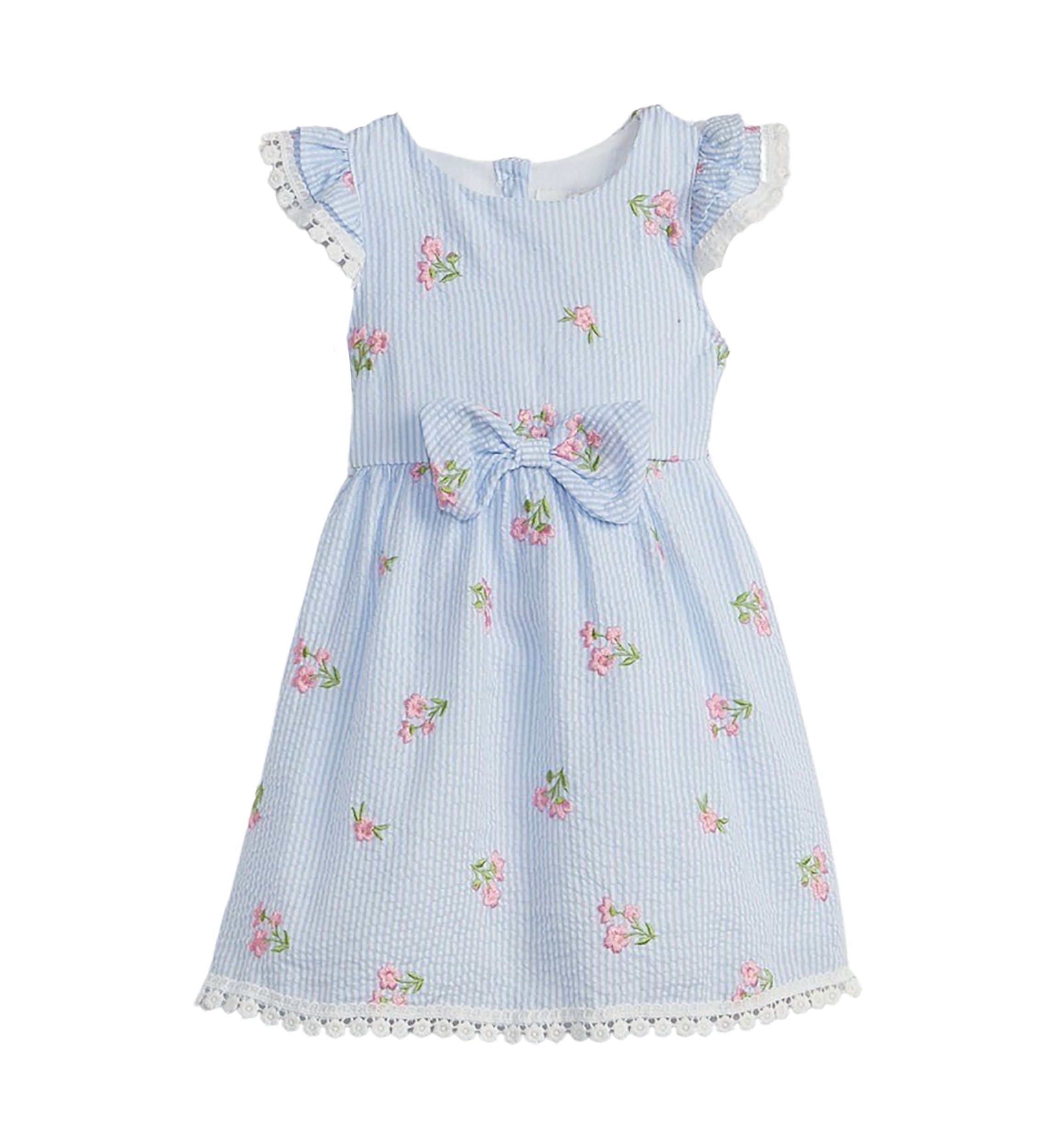 Girls 4-6x Embroidered Seersucker Flutter Sleeve Dress with Bow Detail 