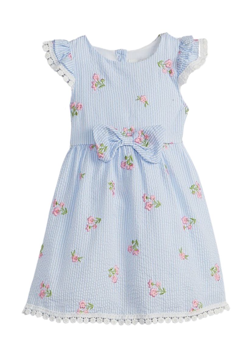 Girls 4-6x Embroidered Seersucker Flutter Sleeve Dress with Bow Detail 