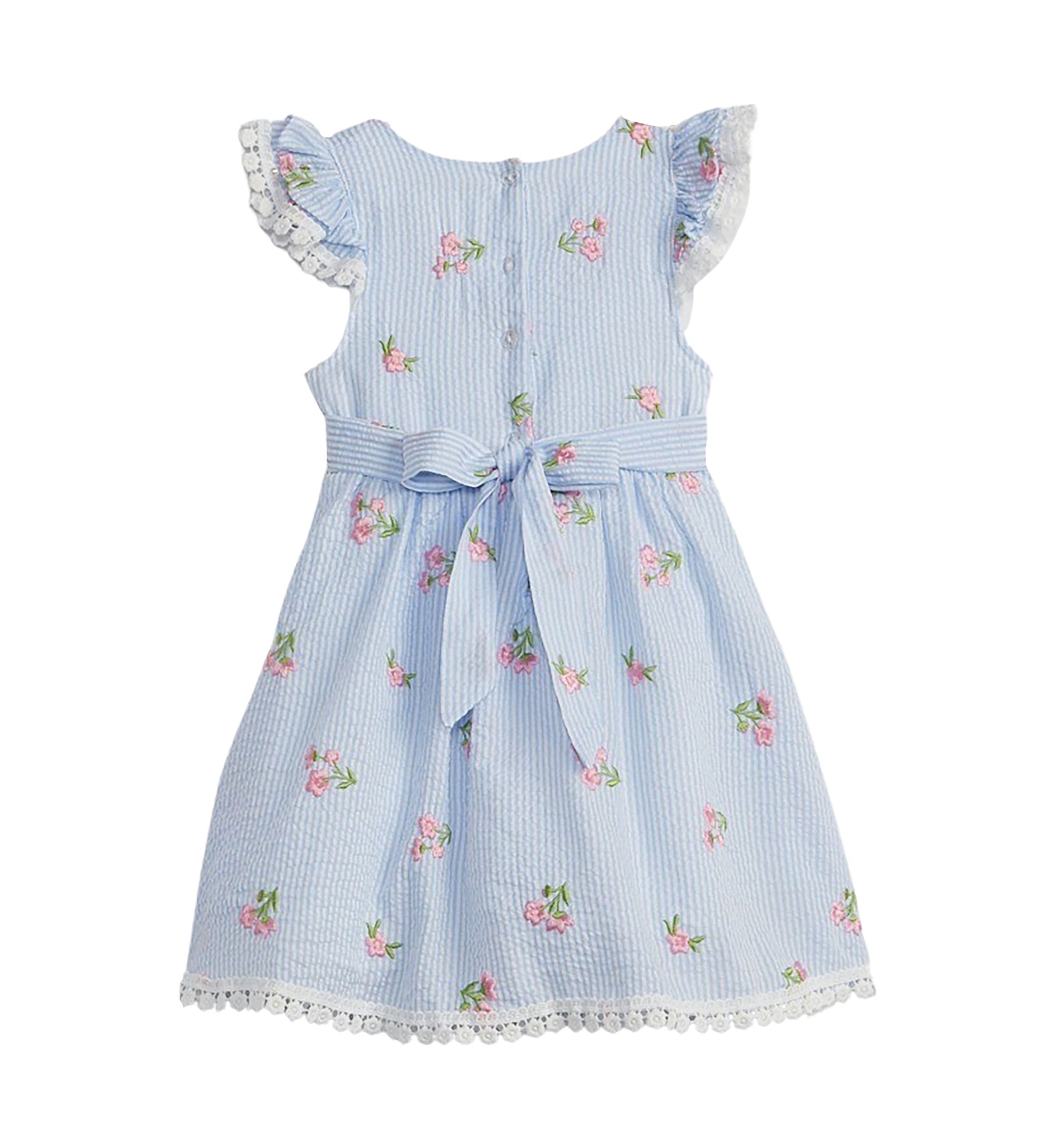 Girls 4-6x Embroidered Seersucker Flutter Sleeve Dress with Bow Detail 