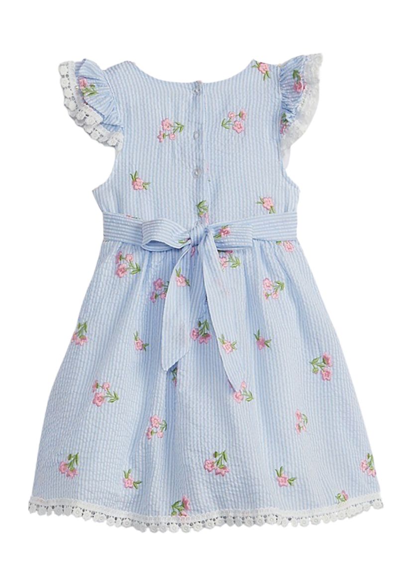 Girls 4-6x Embroidered Seersucker Flutter Sleeve Dress with Bow Detail 