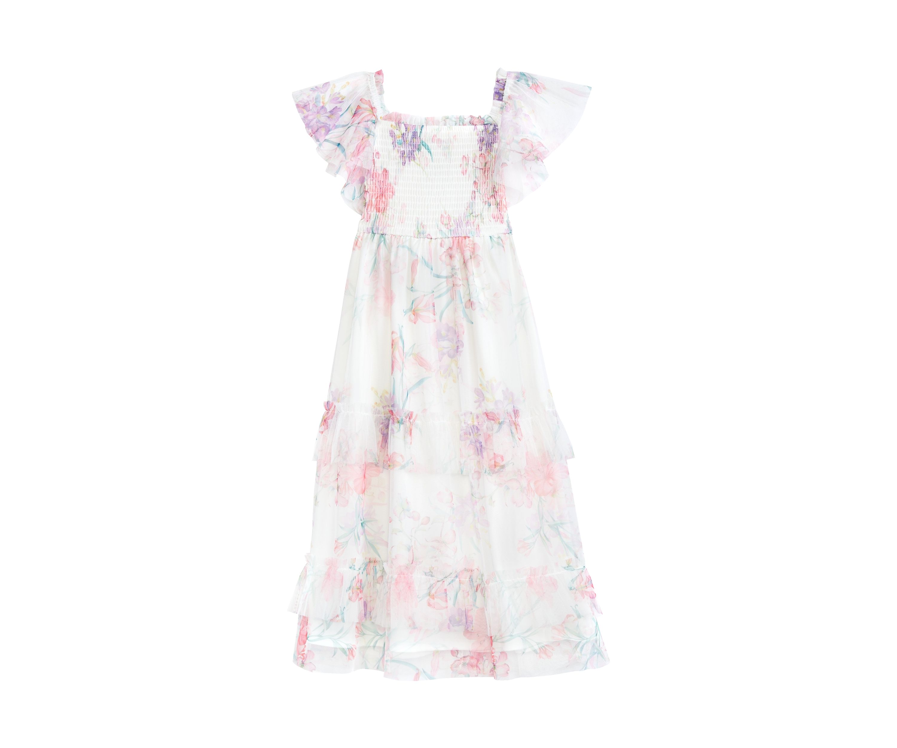 Girls 4-6x Floral Printed Mesh Smocked Maxi Dress