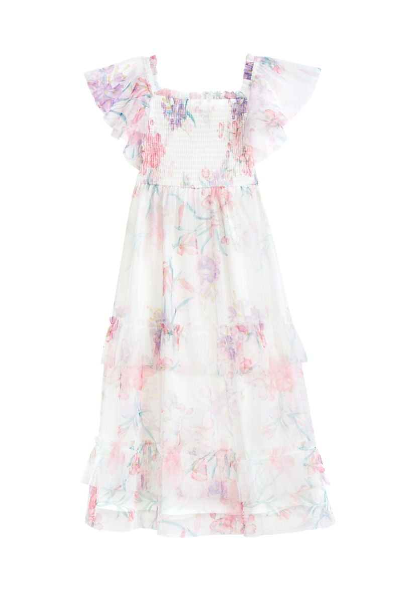 Girls 4-6x Floral Printed Mesh Smocked Maxi Dress