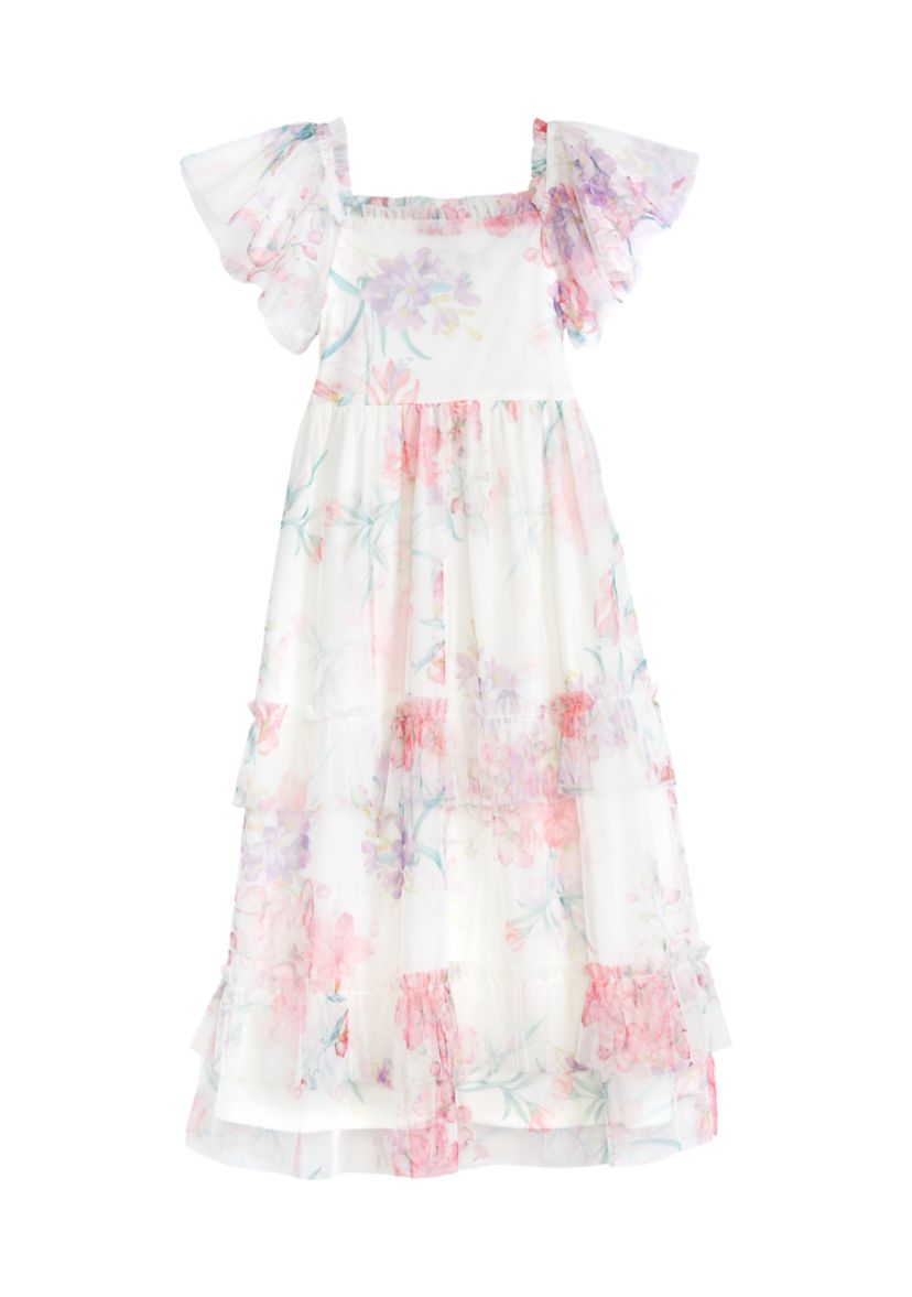 Girls 4-6x Floral Printed Mesh Smocked Maxi Dress