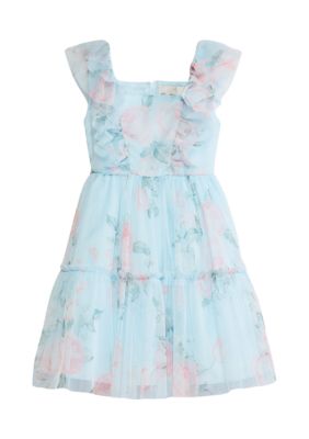 Girls 4-6x Floral Printed Mesh Ruffle Bodice to Tiered Skirt Dress